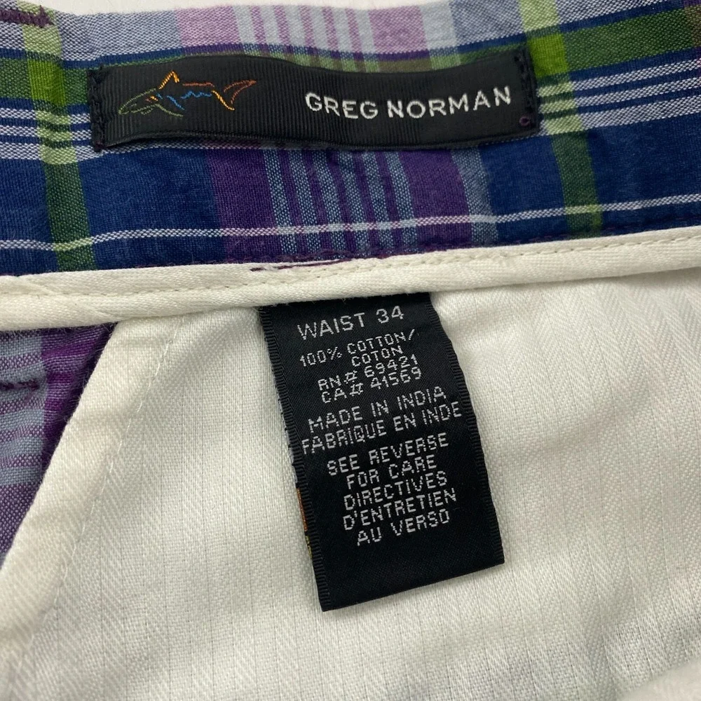 VTG Greg Norman Purple Blue Multicolor Plaid Pleated‎ Shorts Size 34 100% Cotton